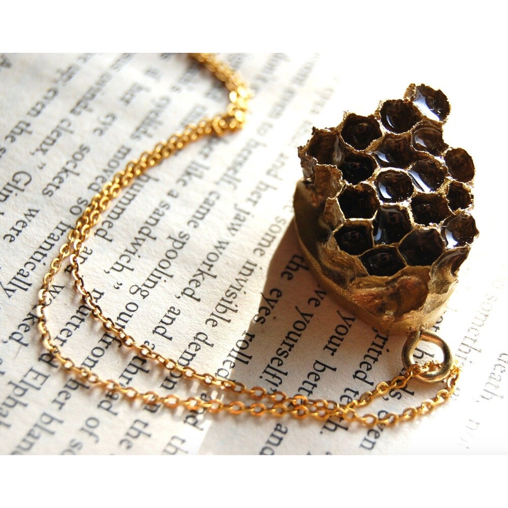 Honeycomb Necklace Honey Bee Real Comb Hive Bees Bumble Pendant Handmade Gold
